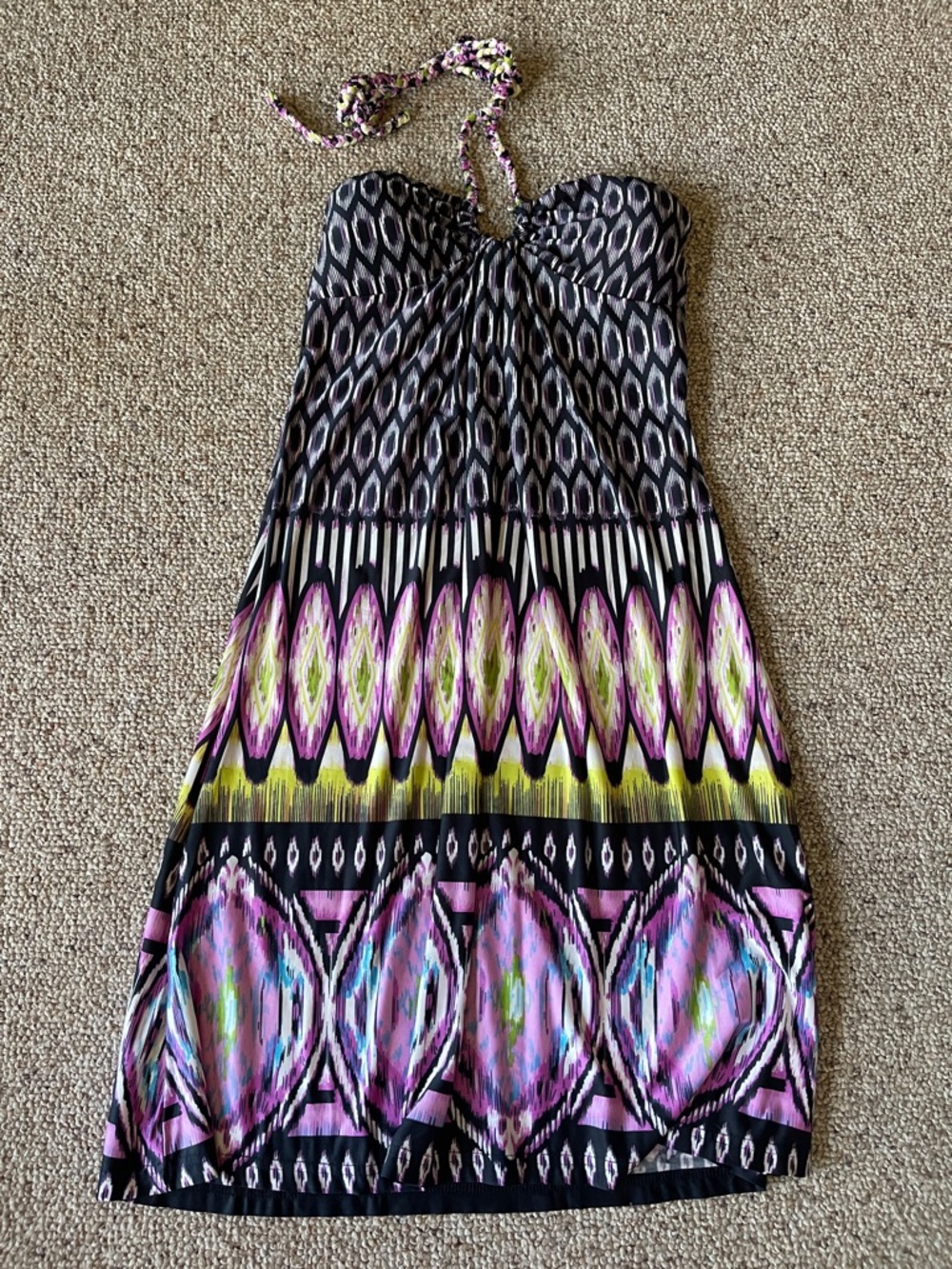 Strapless Printed Summer Dress in Black, Pink & Lime